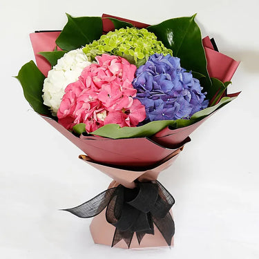 4-Color Hydrangea Bouquet, Dark Pink Hydrangea, White Hydrangea, Blue Hydrangea, Green Hydrangea